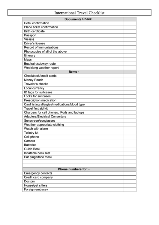 International Travel Checklist Printable pdf