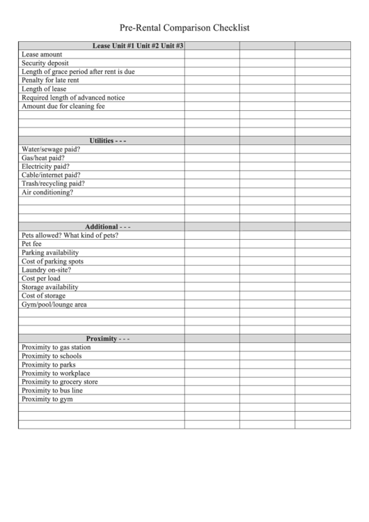Pre-Rental Comparison Checklist Template Printable pdf