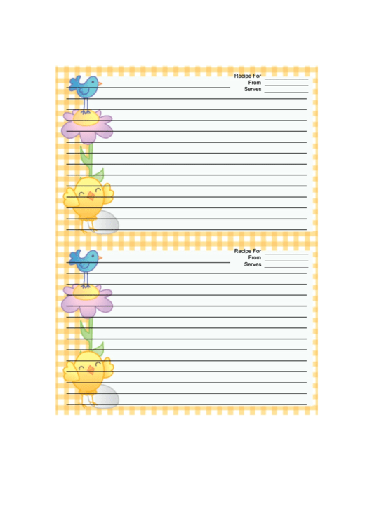 Bird Flower Yellow Gingham Recipe Card Template 4x6 Printable pdf