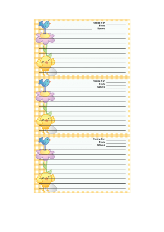 Bird Flower Yellow Gingham Recipe Card Template Printable pdf