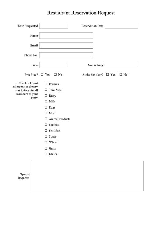 Restaurant Reservation Request Printable pdf