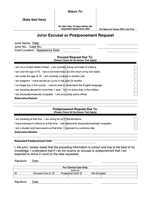 Juror Excusal Request Printable pdf