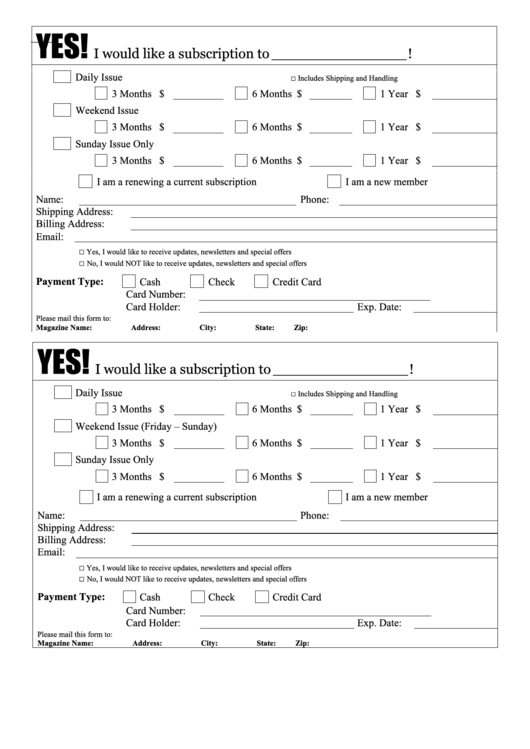 Newspaper Subscription Order Form Printable pdf