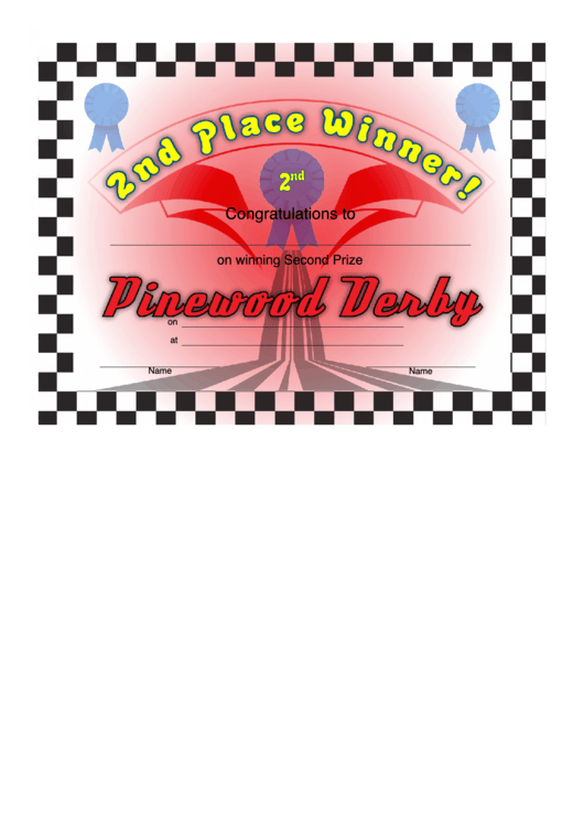 Pinewood Derby 2nd Place Certificate Printable pdf