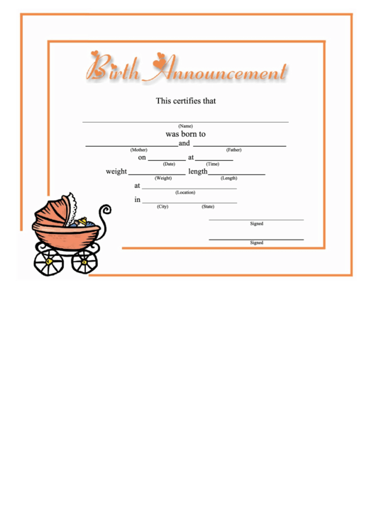 Birth Announcement Certificate Template - Orange Crib Printable pdf