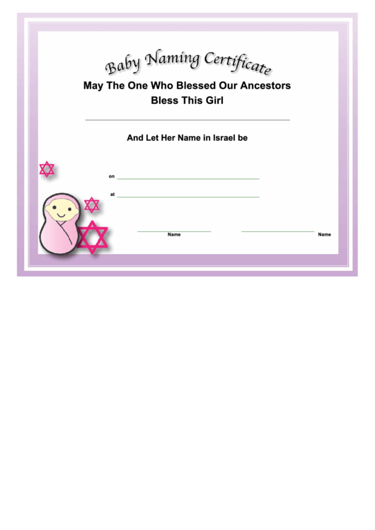 Jewish Baby Girl Naming Certificate Template Printable pdf