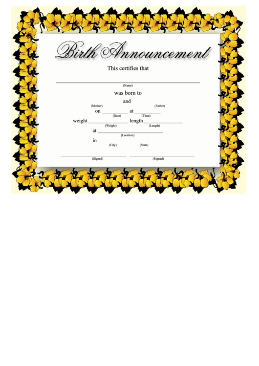 Birth Announcement Certificate Template - Yellow Flowers Printable pdf
