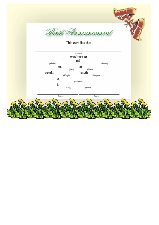 Birth Announcement Certificate Template - Butterfly Printable pdf