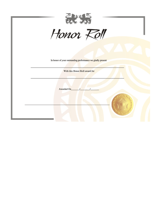 Honor Roll Certificate Template (White) Printable pdf