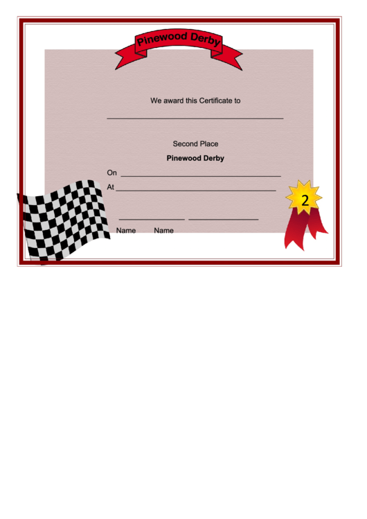 Pinewood Derby - Second Place Certificate Printable pdf