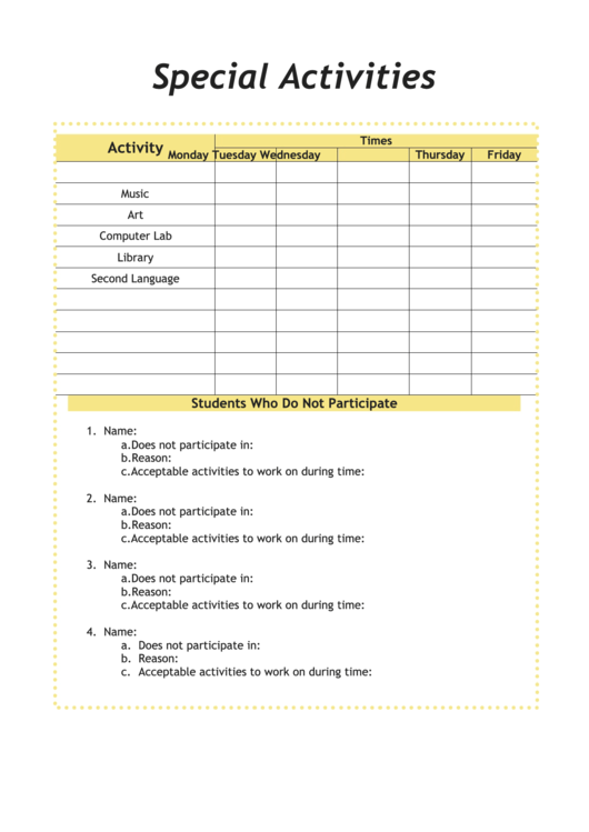 Special Activities Log Printable pdf
