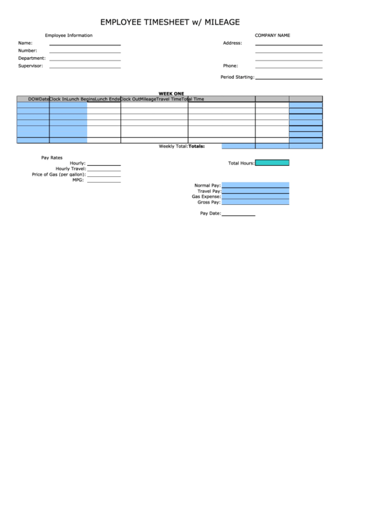Employee Time Sheet With Mileage Log Template Printable pdf