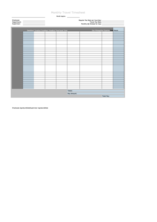 Monthly Travel Timesheet With Mileage And Gas Log Printable pdf