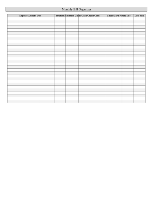 Monthly Bill Organizer Template Printable pdf