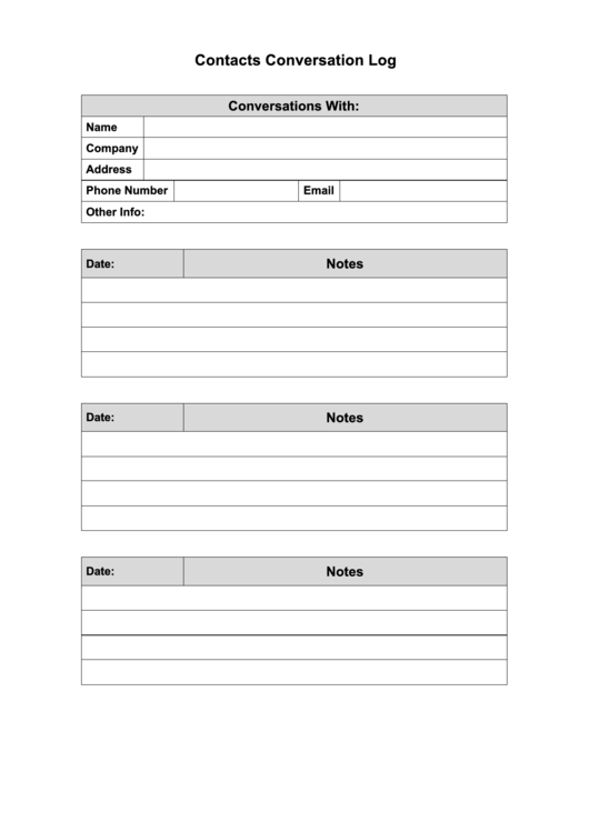 Contacts Conversation Log Printable pdf