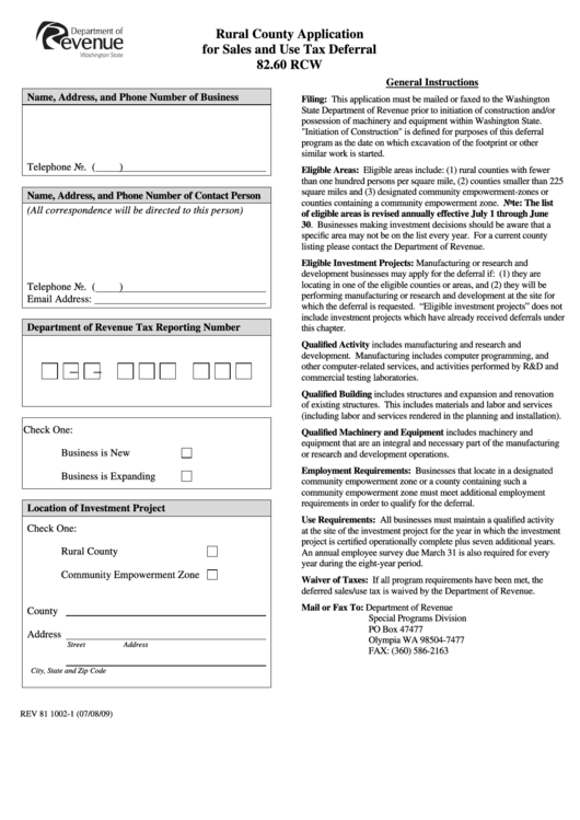 Form Rev 81 1002-1 - Rural County Application For Sales And Use Tax Deferral 82.60 Rcw Printable pdf