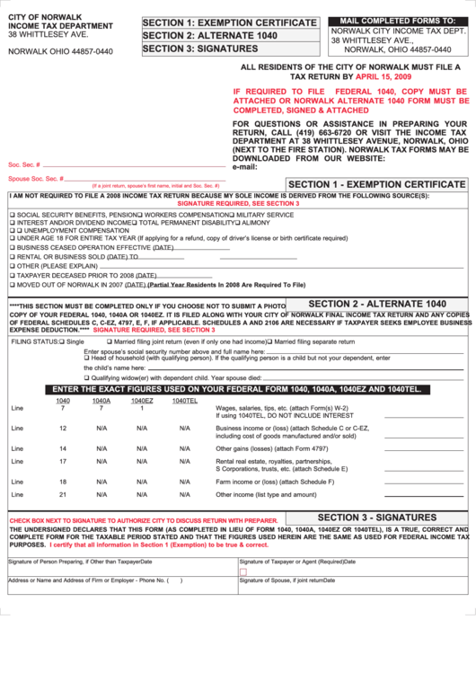 City Of Norwalk Income Tax Department Form - 2008 Printable pdf