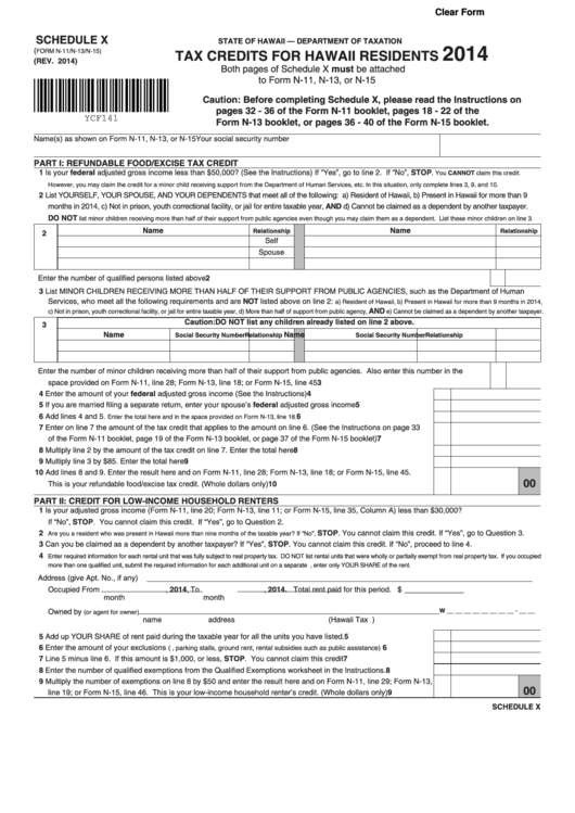 Fillable Form N-11/n-13/n-15 - Schedule X - Tax Credits For Hawaii Residents - 2014 printable