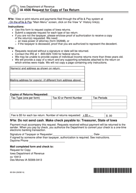 Fillable Form Ia 4506 - Request For Copy Of Tax Return - 2014 Printable pdf