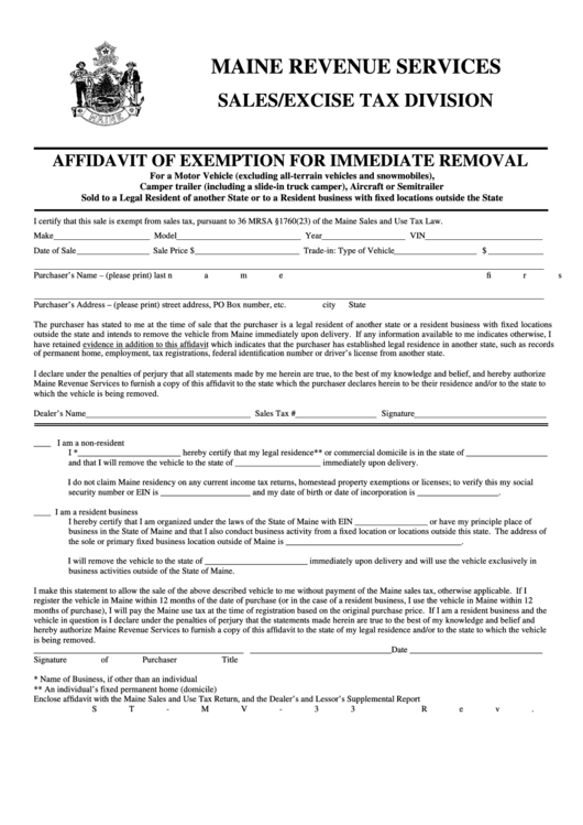 Form St-Mv-33 - Affidavit Of Exemption For Immediate Removal Printable pdf
