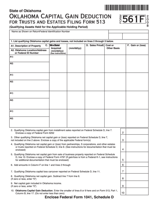 Fillable Form 561f - Oklahoma Capital Gain Deduction For Trusts And Estates - 2008 Printable pdf