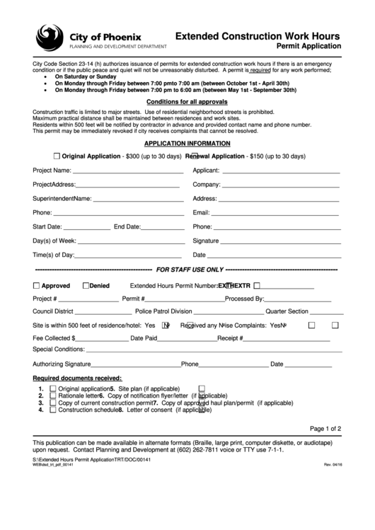 Fillable Extended Construction Work Hours Permit Application Form - State Of Arizona Printable pdf