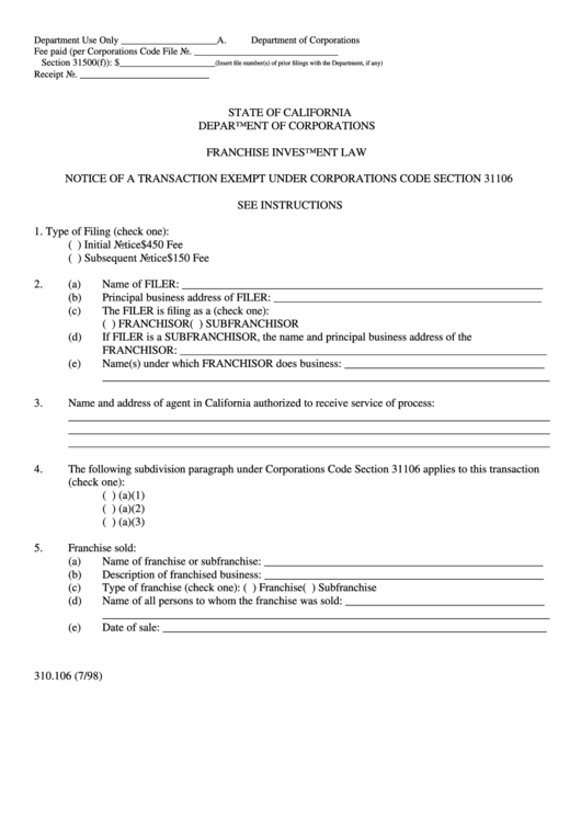 Notice Of A Transaction Exempt Under Corporations Code Section 31106 - Department Of Corporations Printable pdf