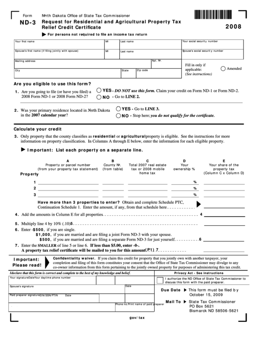 Fillable Form Nd-3 - Request For Residential And Agricultural Property Tax Relief Credit Certificate - 2008 Printable pdf
