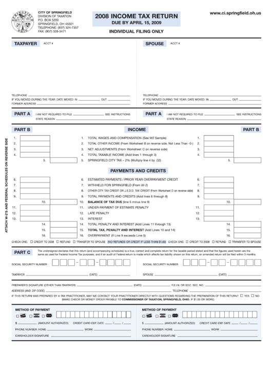 Income Tax Return - 2008 - City Of Springfield Printable pdf