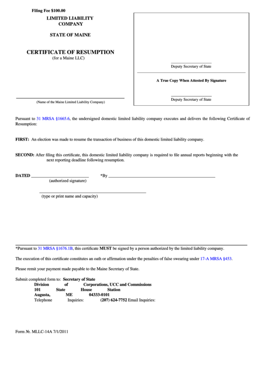 Fillable Form Mllc-14a - Limited Liability Company Certificate Of Resumption Printable pdf