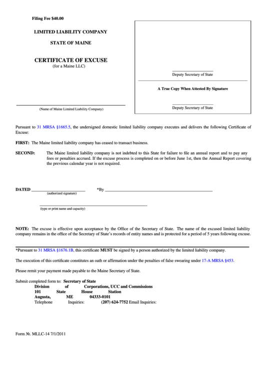 Fillable Form Mllc-14 - Limited Liability Company Certificate Of Excuse Printable pdf