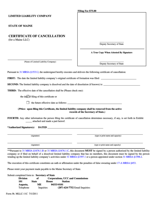 Fillable Form Mllc-11c - Limited Liability Company Certificate Of Cancellation Printable pdf