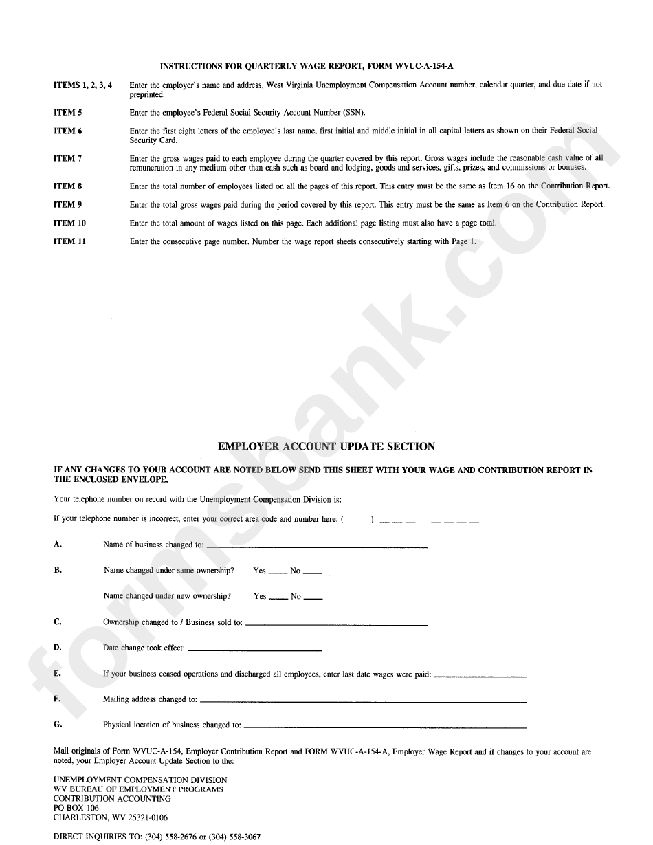 Instructions For Quarterly Wage Report, Form Wvuc-A-154-A