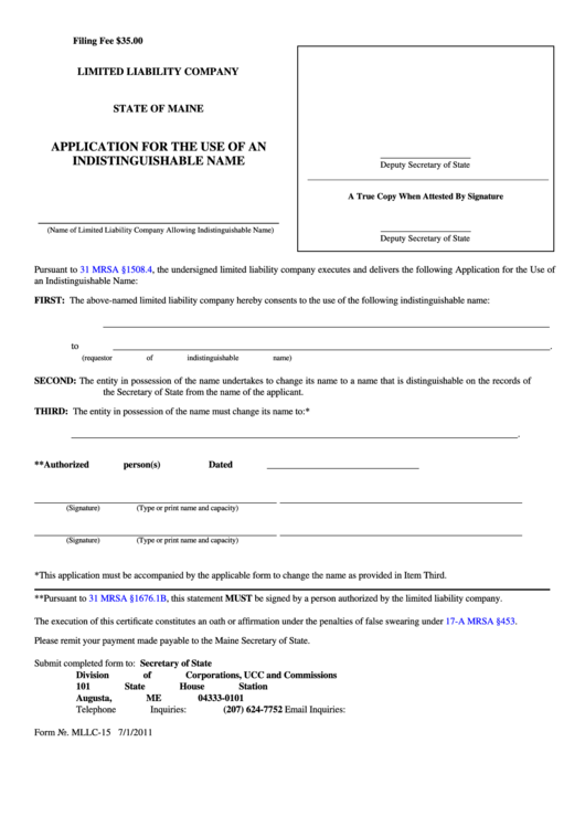 Fillable Form Mllc-15 - Limited Liability Company Application For The Use Of An Indistinguishable Name Printable pdf