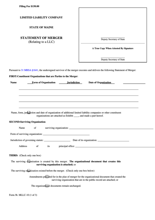 Fillable Form Mllc-10 - Limited Liability Company Statement Of Merger Printable pdf