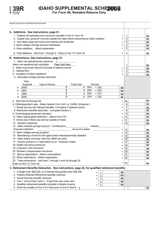 Fillable Form 39r - Idaho Supplemental Schedule For Form 40 - 2008 Printable pdf