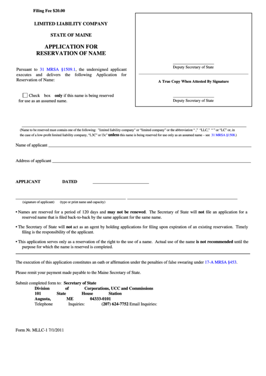 Fillable Form Mllc-1 - Limited Liability Company Application For Reservation Of Name Printable pdf