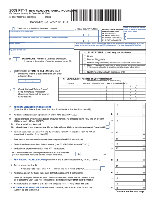 Form Pit-1 - New Mexico Personal Income Tax - 2008 Printable pdf