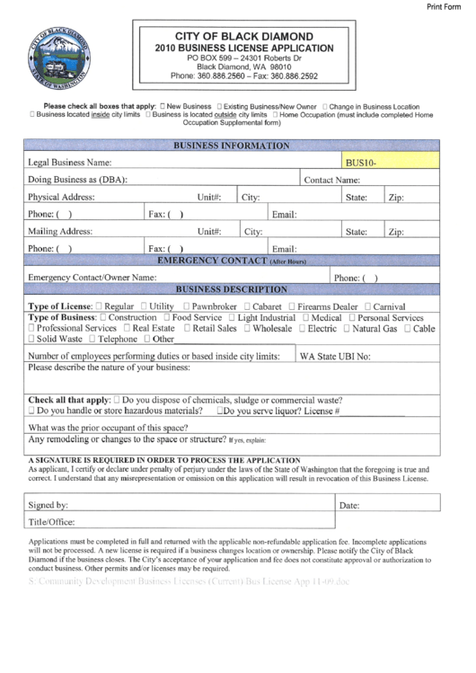 Fillable Business License Application - 2010 - City Of Black Diamond Printable pdf