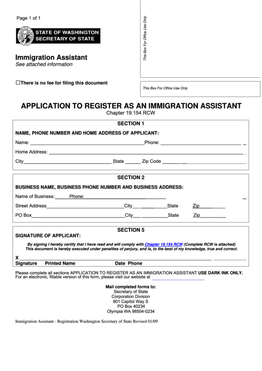 Fillable Application To Register As An Immigration Assistant - Washington Secretary Of State Printable pdf