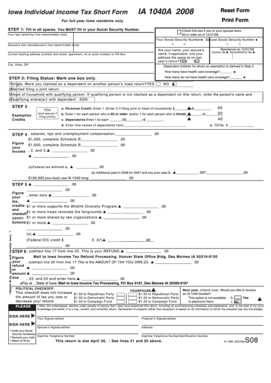 Fillable Form Ia 1040a - Iowa Individual Income Tax Short Form - 2008 Printable pdf