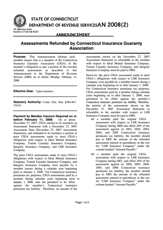 Form An 2008(2) - Assessments Refunded By Connecticut Insurance Guaranty Association Printable pdf