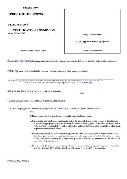 Fillable Form Mllc-9 - Limited Liability Company Certificate Of Amendment Printable pdf