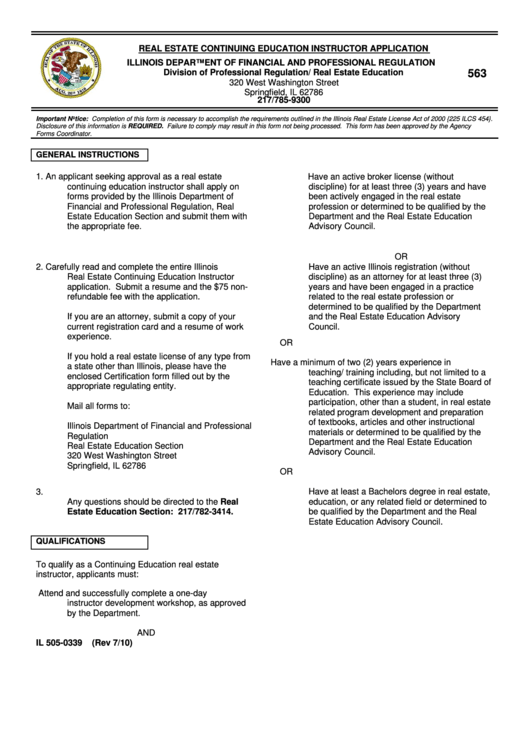 Form Il 505-0339 - Real Estate Continuing Education Instructor Application Printable pdf