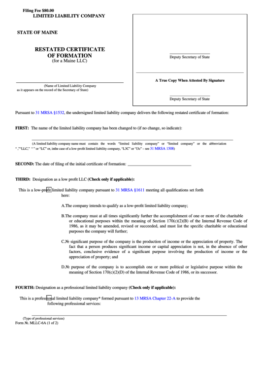 Fillable Form Mllc-6a - Limited Liability Company Restated Certificate Of Formation - 2011 Printable pdf