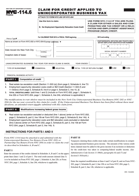 Form Nyc-114.6 - Claim For Credit Applied To Unincorporated Business Tax - 2012 Printable pdf