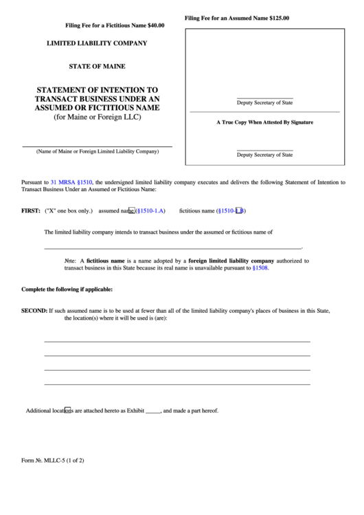 Fillable Form Mllc-5 - Limited Liability Company Statement Of Intention To Transact Business Under An Assumed Or Fictitious Name Printable pdf