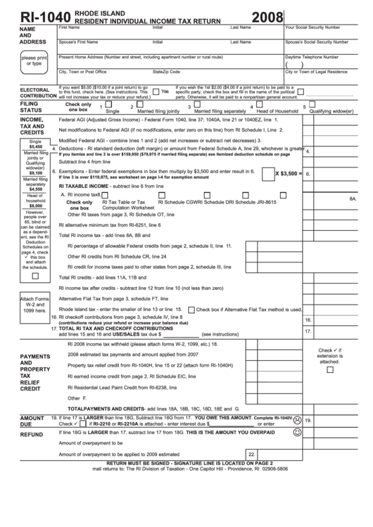Form Ri-1040 - Resident Individual Income Tax Return - 2008 Printable pdf