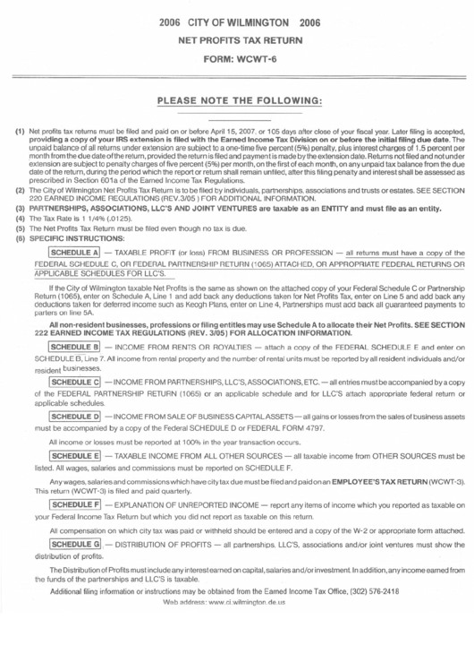 Form Wcwt-6 - Net Profits Tax Return Instructions Printable pdf