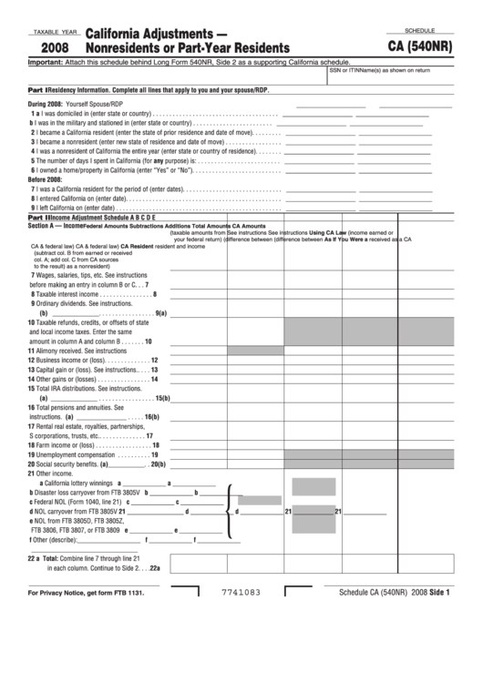 Fillable Schedule Ca (540nr) - California Adjustments - Nonresidents Or Part-Year Residents - 2008 Printable pdf